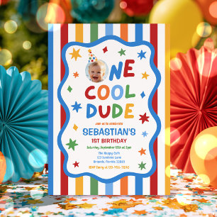 Invitation Fête d'anniversaire de 1 an d'un garçon coloré et
