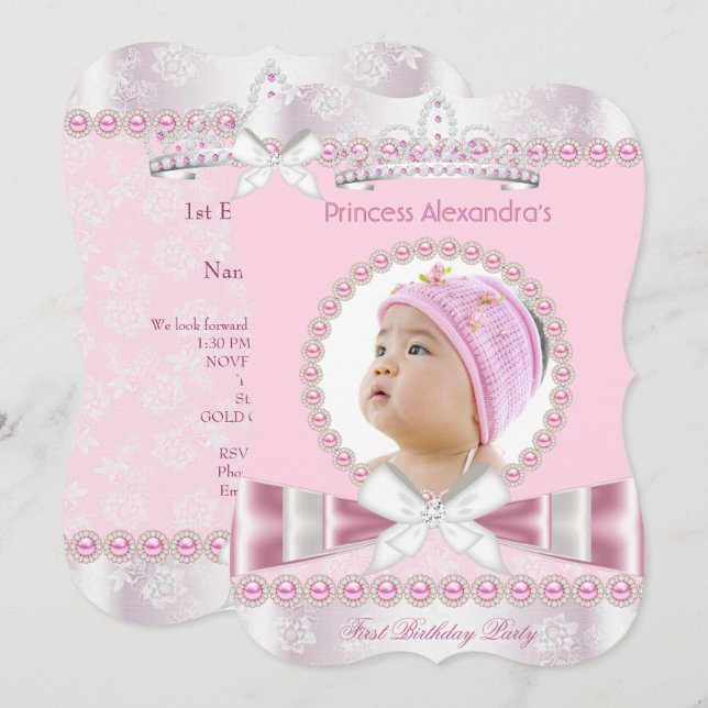 Invitation Fête d'anniversaire de 1 an d'une petite princesse (Devant / Derrière)