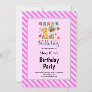 Invitation Fête d'anniversaire de 1 an encadrée de rayures ro