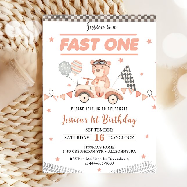 Invitation Fête d'anniversaire de 1 an Fast One voiture de co (Créateur téléchargé)