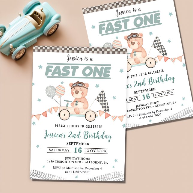 Invitation Fête d'anniversaire de 1 an Fast One voiture de co (Créateur téléchargé)