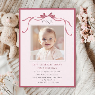 Invitation Fête d'anniversaire de 1 an fille nœud rose rouge