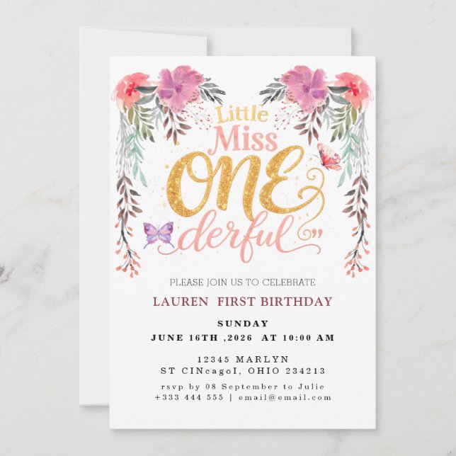 Invitation Fête d'anniversaire de 1 an fille papillon floral  (Devant)