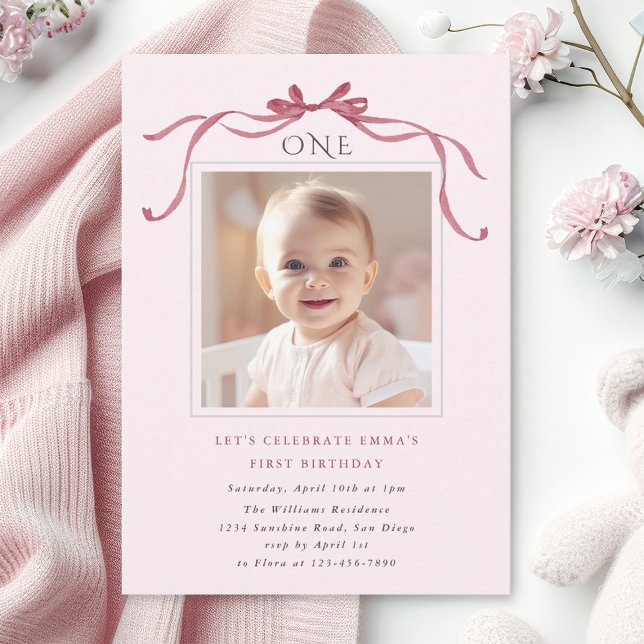 Invitation Fête d'anniversaire de 1 an fille ruban rose rouge (Créateur téléchargé)
