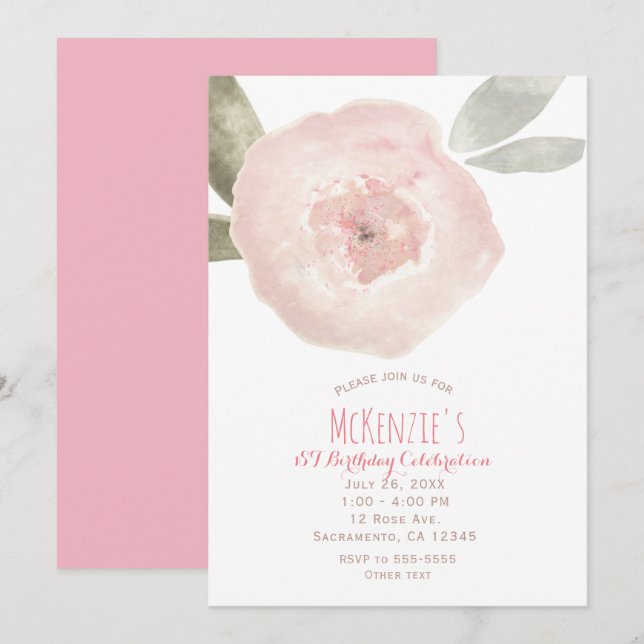 Invitation Fête d'anniversaire de 1 an Fleur Aquarelle Rose  (Devant / Derrière)