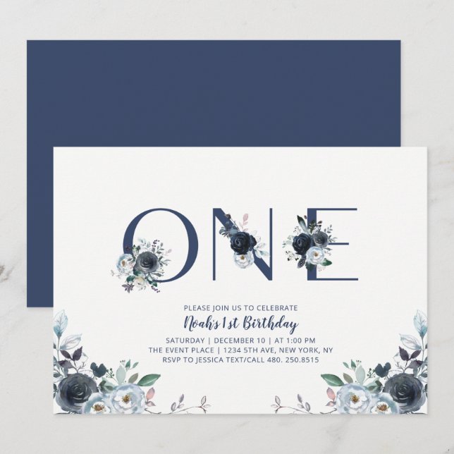 Invitation Fête d'anniversaire de 1 an garçon chic bohème ble (Devant / Derrière)