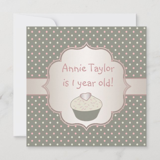 Invitation Fête d'anniversaire de 1 an Gâteau cupcake vert ro (Devant)