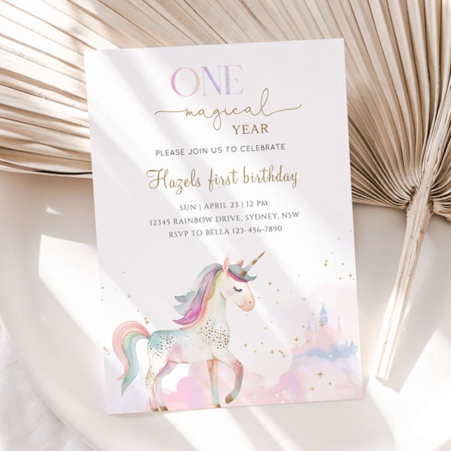 Invitation Fête d'anniversaire de 1 an Licorne pastel Une ann (Créateur téléchargé)