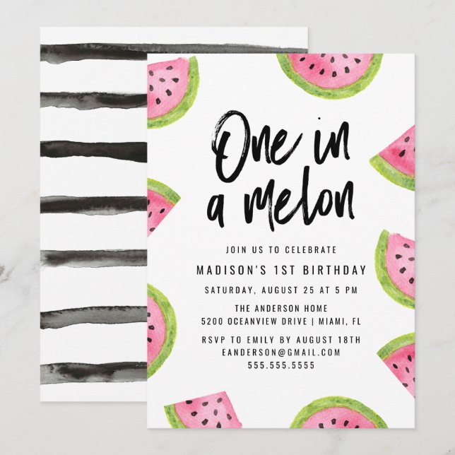 Invitation Fête d'anniversaire de 1 an "One in a Melon" (Devant / Derrière)