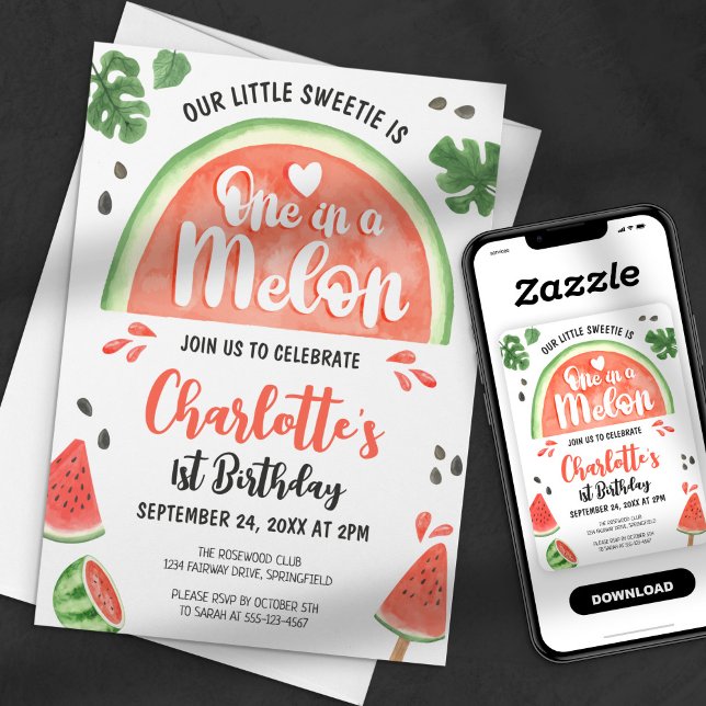 Invitation Fête d'anniversaire de 1 an One in a Melon Little  (Créateur téléchargé)