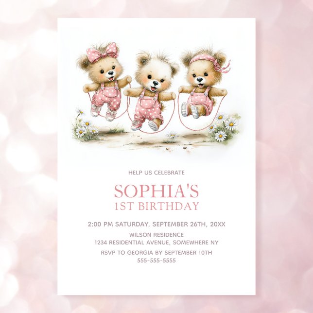 Invitation Fête d'anniversaire de 1 an pour fille avec ours e (Créateur téléchargé)