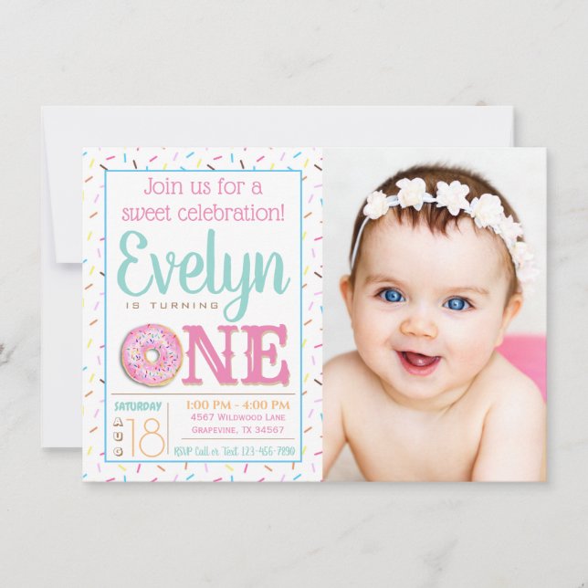 Invitation Fête d'anniversaire de 1 an pour fille avec photo  (Devant)
