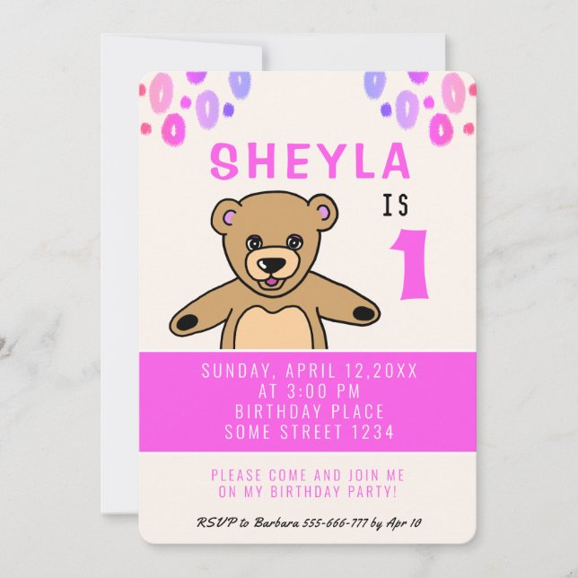 Invitation Fête d'anniversaire de 1 an pour fille ourson rose (Devant)