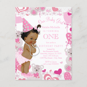 Invitation Fête d'anniversaire de 1 an pour filles aux ours e