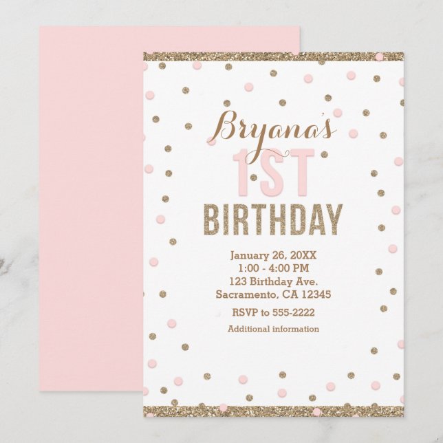 Invitation Fête d'anniversaire de 1 an pour filles avec confe (Devant / Derrière)