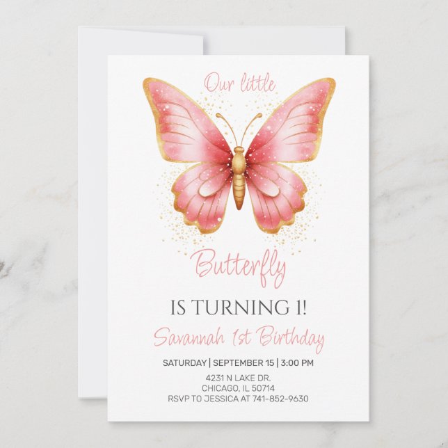 Invitation Fête d'anniversaire de 1 an pour filles avec papil (Devant)