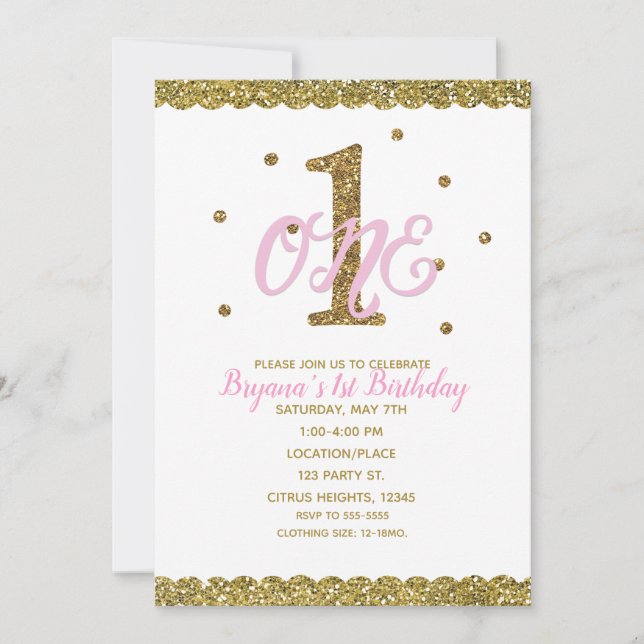 Invitation Fête d'anniversaire de 1 an pour filles Rose & Or (Devant)