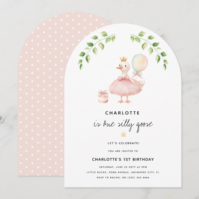Invitation Fête d'anniversaire de 1 an pour filles Une Oie Id (Devant / Derrière)