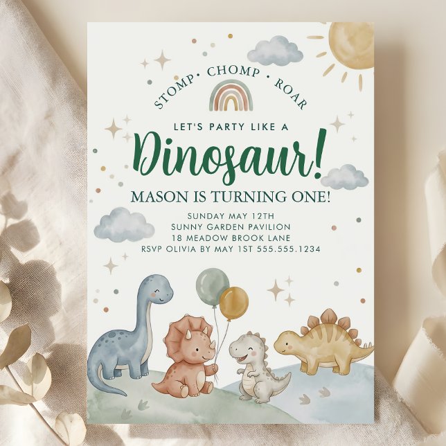 Invitation Fête d'anniversaire de 1 an pour garçon Dinosaure  (Dinosaur Rawr Chomp Rawr 1st Birthday Party Boy Invitation)