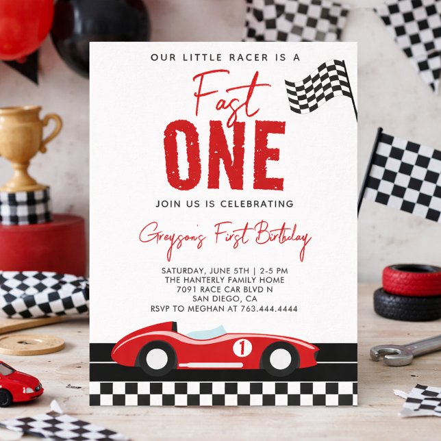 Invitation Fête d'anniversaire de 1 an pour garçon - Fast One (Fast One Race Car Boy 1st Birthday Party Invitation
)