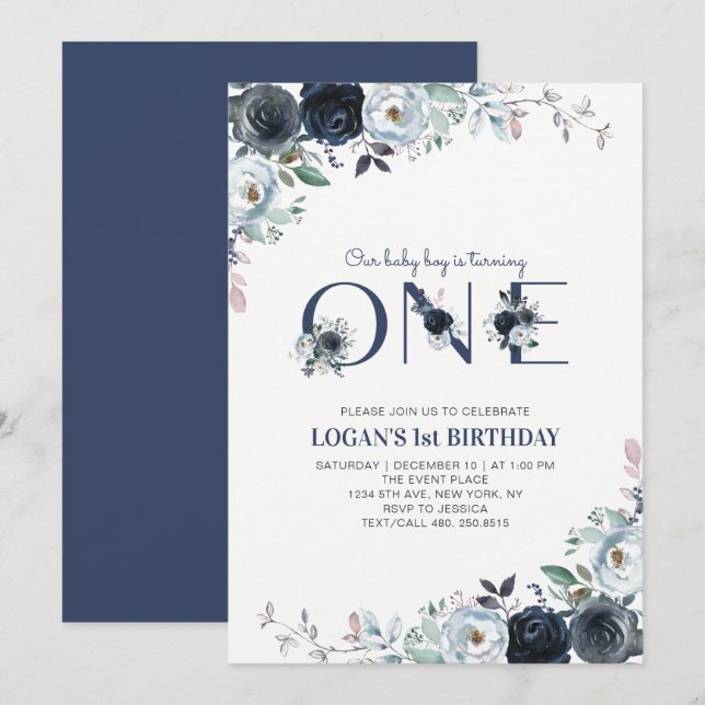 Invitation Fête d'anniversaire de 1 an pour garçon, floral bo (Devant / Derrière)