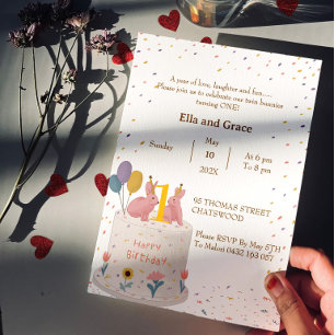 Invitation Fête d'anniversaire de 1 an pour jumelles Lapin Pa
