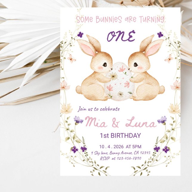 Invitation Fête d'anniversaire de 1 an pour quelques lapins (Créateur téléchargé)