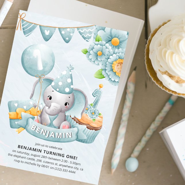 Invitation Fête d'anniversaire de 1 an pour un adorable garço (Créateur téléchargé)