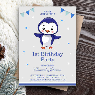 Invitation Fête d'anniversaire de 1 an pour un joli manchot b
