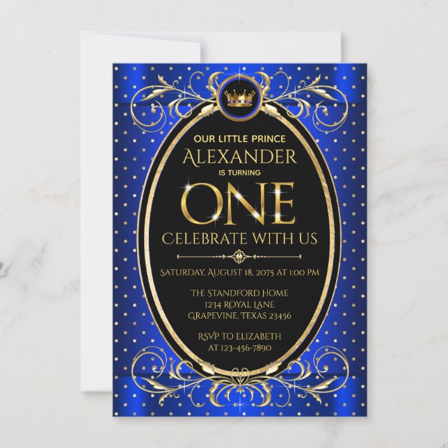 Invitation Fête d'anniversaire de 1 an Prince Bleu Royal Or (Devant)