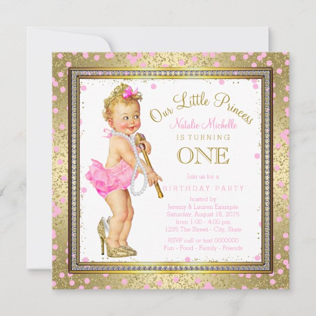 Invitation Fête d'anniversaire de 1 an Princesse Filles Rose  (Devant)
