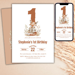 Invitation Fête d'anniversaire de 1 an Renard des Bois lisant