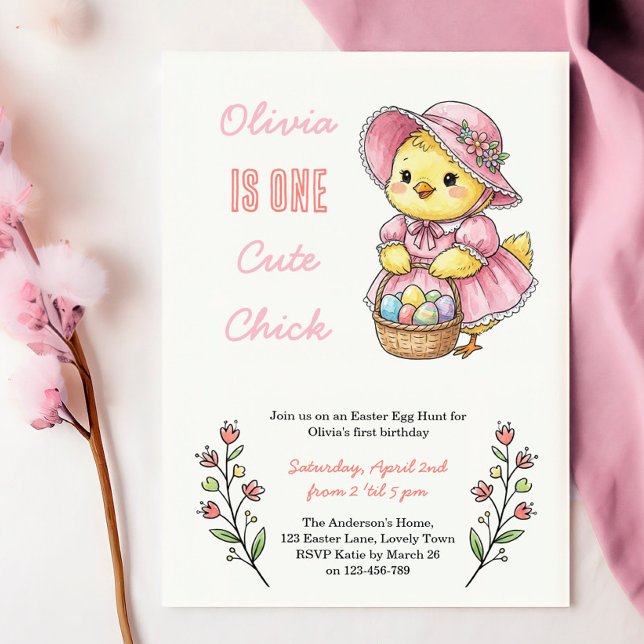 Invitation Fête d'anniversaire de 1 an sur le thème de Pâques (One Cute Chick - Easter themed 1st birthday invitation - perfect for her first egg hunt!)