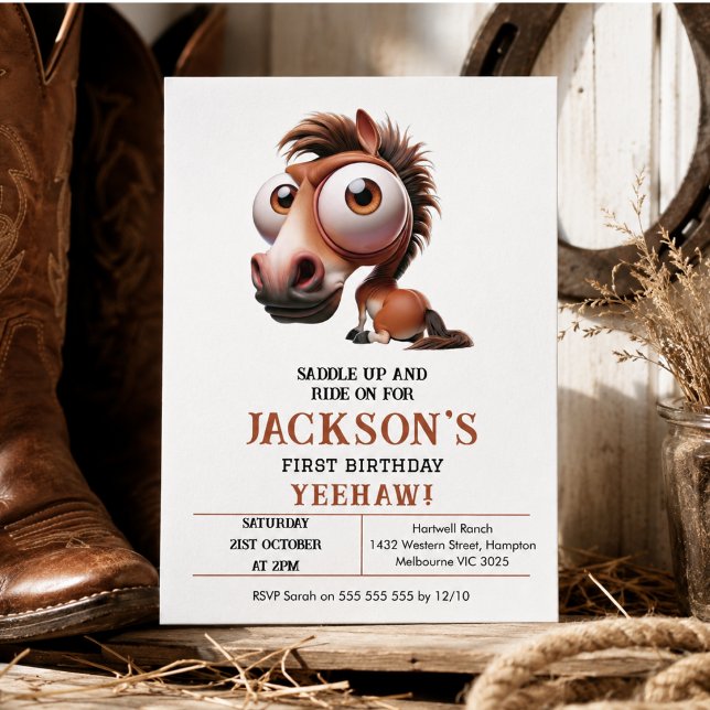 Invitation Fête d'anniversaire de 1 an sur le thème des caric (Horse Caricatures 1st Birthday Party Collection)