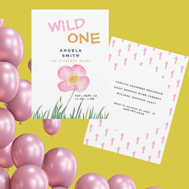 Invitation Fête d'anniversaire de 1 an Wild One Rose Fleur Sa (Créateur téléchargé)