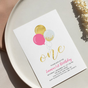 Invitation Fête d'anniversaire de 1ère fille avec ballons ros