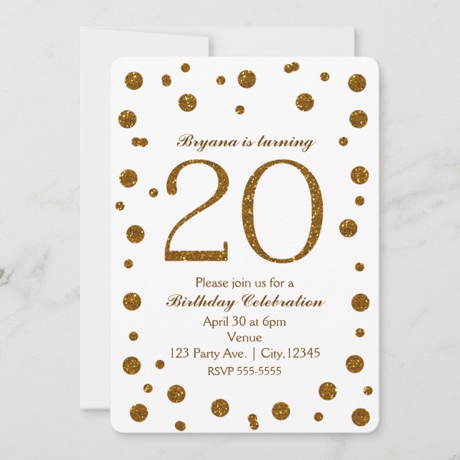 Invitation Fête d'anniversaire de 20 ans à paillettes blanche (Devant)
