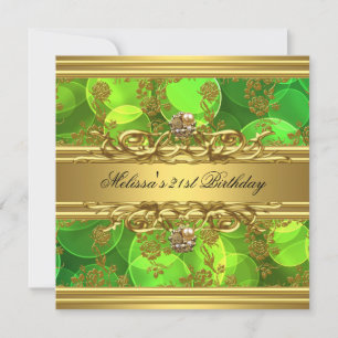 Invitation Fête d'anniversaire de 21 ans Gold On Green Jewels