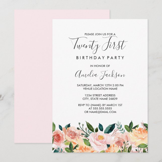 Invitation Fête d'anniversaire de 21 ans Peach Blush aquarell (Devant / Derrière)