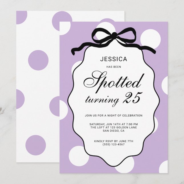 Invitation Fête d'anniversaire de 25 ans à pois violets (Devant / Derrière)