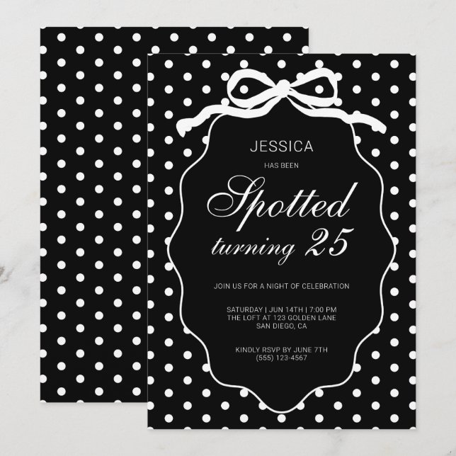 Invitation Fête d'anniversaire de 25 ans avec noeud à pois (Devant / Derrière)