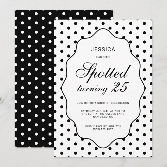 Invitation Fête d'anniversaire de 25 ans chic à pois (Devant / Derrière)