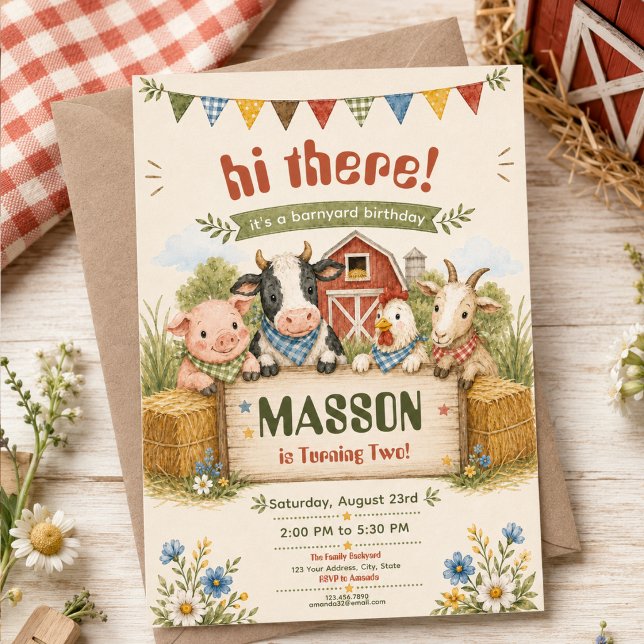 Invitation Fête d'anniversaire de 2 ans à la ferme rustique p (Rustic Barnyard 2nd Birthday kids Party Invitation
)