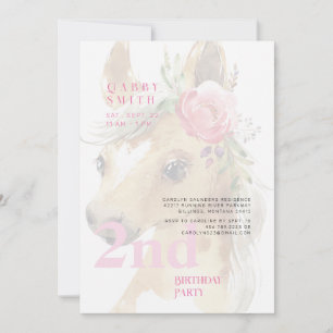 Invitation Fête d'anniversaire de 2 ans aquarelle Poney Rose