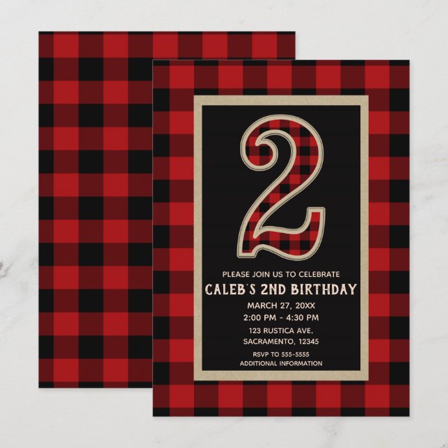 Invitation Fête d'anniversaire de 2 ans au motif carreau de b (Devant / Derrière)