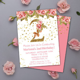 Invitation Fête d'anniversaire de 2 ans aux roses roses flora