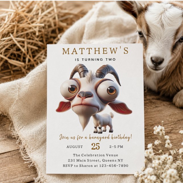 Invitation Fête d'anniversaire de 2 ans avec des chèvres mign (Cute goat Farm Animals 2nd Birthday Party Invitation)