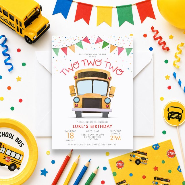 Invitation Fête d'anniversaire de 2 ans dans un bus (Créateur téléchargé)