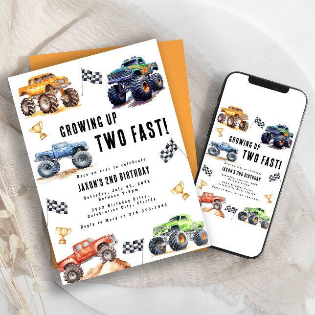 Invitation Fête d'anniversaire de 2 ans de Deux Camions Monst (Créateur téléchargé)