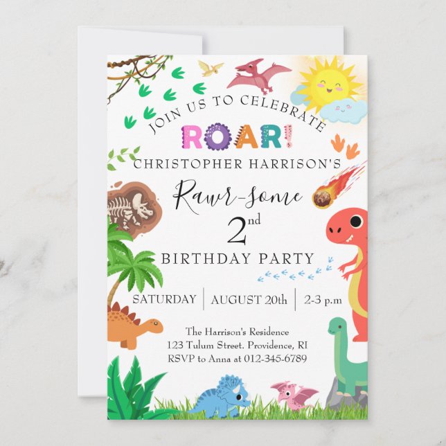 Invitation Fête d'anniversaire de 2 ans de dinosaure Rawr-tas (Devant)
